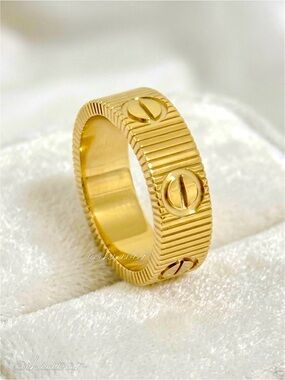 18K Gold plated LOVE Ring Screw Motifs Ribbed Band Size 9